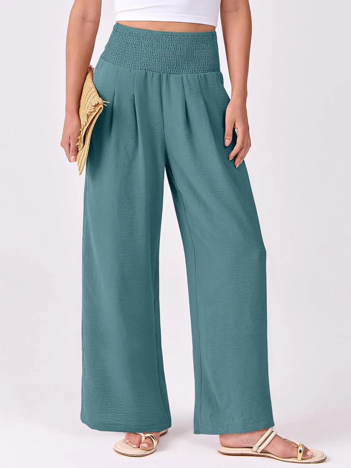ANRABESS Women Palazzo Pants Summer Flowy Wide Leg High Waist Lounge Trousers with Pockets 2025 Casual Beach Vacation Outfits
