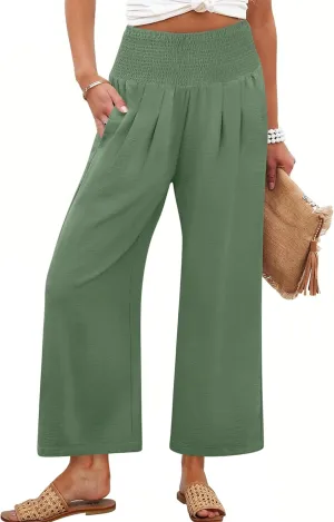 ANRABESS Womens Cropped Pants Wide Leg High Waisted Palazzo Pants Summer Flowy Beach Lounge Casual Trousers with Pockets
