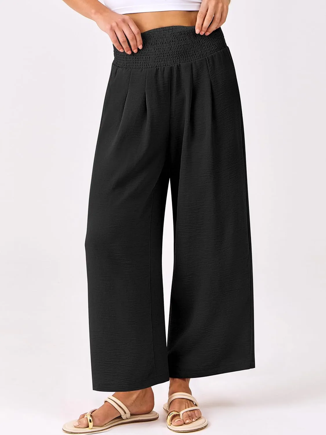 ANRABESS Womens Cropped Pants Wide Leg High Waisted Palazzo Pants Summer Flowy Beach Lounge Casual Trousers with Pockets