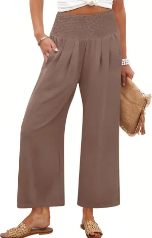 ANRABESS Womens Pants Wide Leg High Waisted Palazzo Pants Summer Flowy Beach Lounge Casual Trousers with Pockets