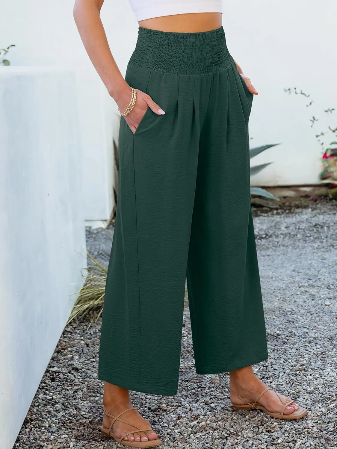 ANRABESS Womens Pants Wide Leg High Waisted Palazzo Pants Summer Flowy Beach Lounge Casual Trousers with Pockets