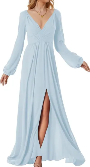 ANYSWBKN Long Sleeves Bridesmaid Dresses for Wedding Deep V Neck Chiffon Evening Party Prom Maxi Gown with Silt