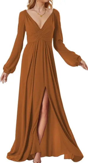 ANYSWBKN Long Sleeves Bridesmaid Dresses for Wedding Deep V Neck Chiffon Evening Party Prom Maxi Gown with Silt