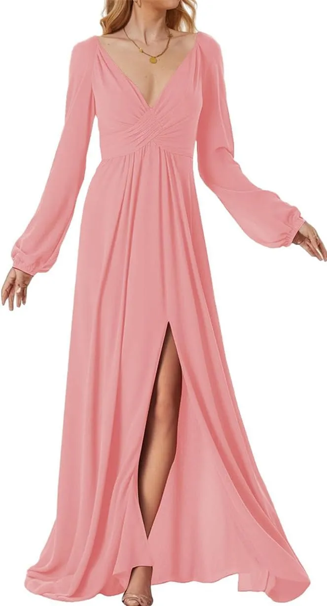 ANYSWBKN Long Sleeves Bridesmaid Dresses for Wedding Deep V Neck Chiffon Evening Party Prom Maxi Gown with Silt
