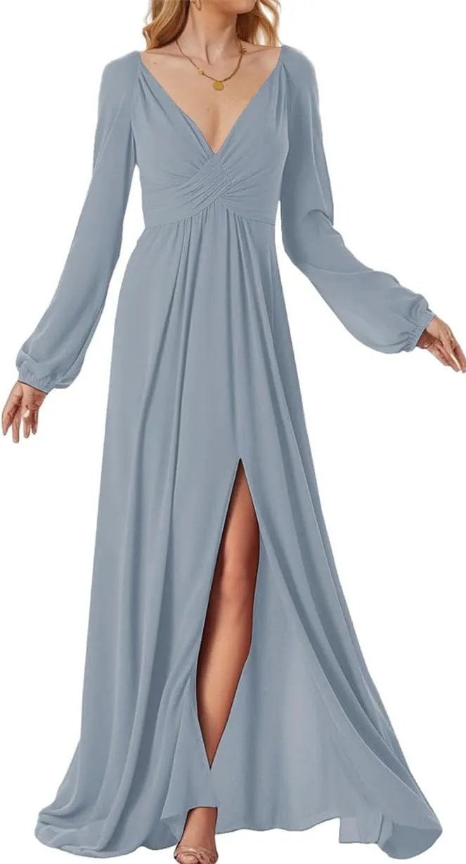 ANYSWBKN Long Sleeves Bridesmaid Dresses for Wedding Deep V Neck Chiffon Evening Party Prom Maxi Gown with Silt