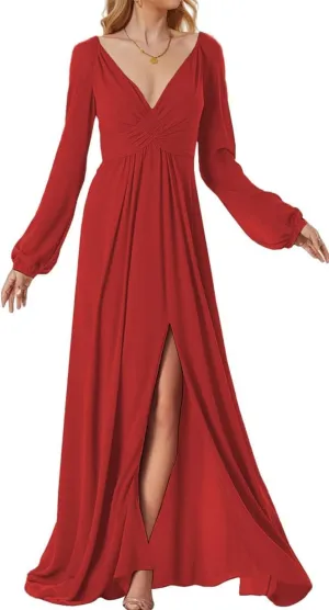 ANYSWBKN Long Sleeves Bridesmaid Dresses for Wedding Deep V Neck Chiffon Evening Party Prom Maxi Gown with Silt