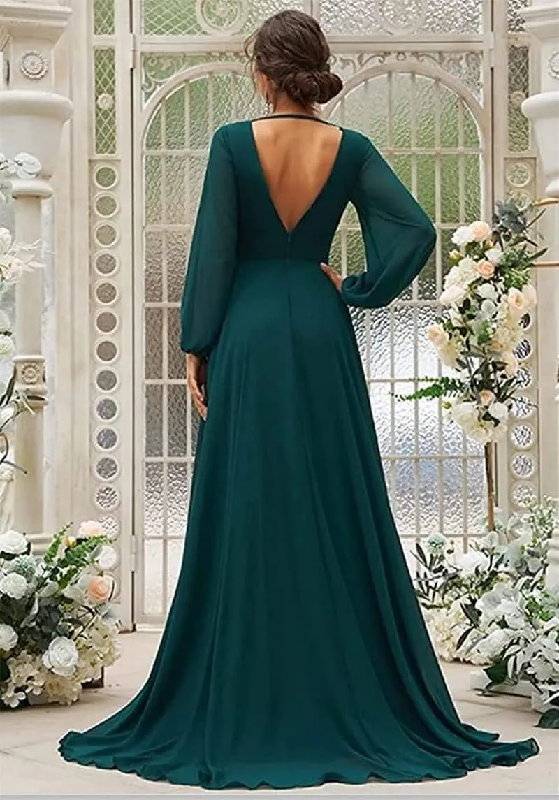 ANYSWBKN Long Sleeves Bridesmaid Dresses for Wedding Deep V Neck Chiffon Evening Party Prom Maxi Gown with Silt
