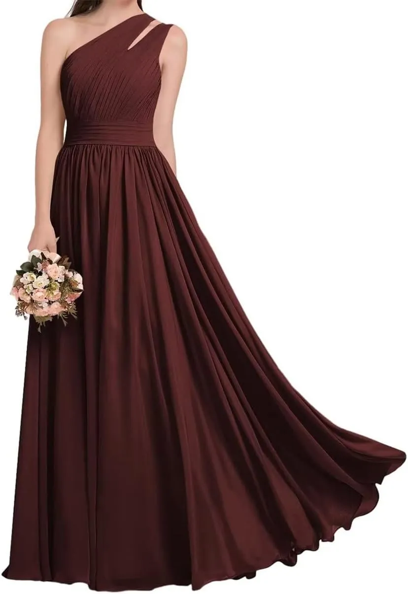 ANYSWBKN One Shoulder Bridesmaid Dresses for Wedding Pleated Chiffon Evening Formal Party Gown with Pockets