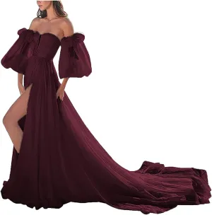 ANYSWBKN Prom Dress for Women Puffy Sleeve Long Slit Elegant Formal Evening Princess Gown
