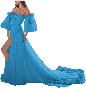 ANYSWBKN Prom Dress for Women Puffy Sleeve Long Slit Elegant Formal Evening Princess Gown