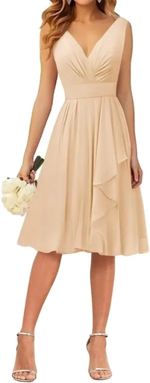 ANYSWBKN Short Bridesmaid Dresses for Wedding Bridesmaid Teens V Neck Chiffon Evening Party Homecoming Gown A188