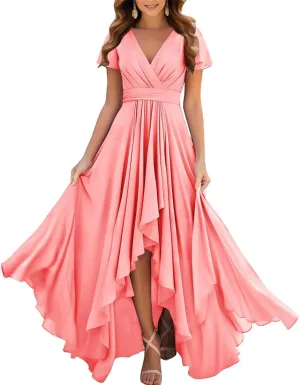 ANYSWBKN Short Sleeve Pleated Bridesmaid Dresses for Wedding Hi-Low Ruched Chiffon Evening Formal Party Gown