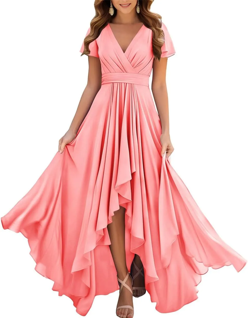 ANYSWBKN Short Sleeve Pleated Bridesmaid Dresses for Wedding Hi-Low Ruched Chiffon Evening Formal Party Gown