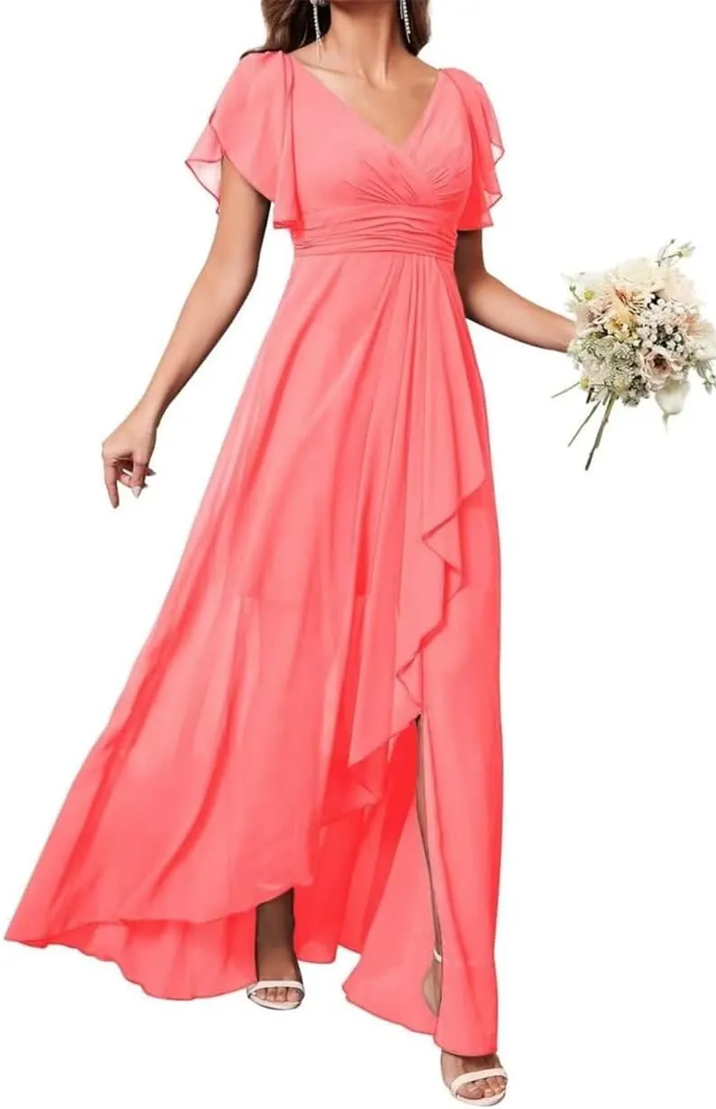 ANYSWBKN Women's High Low Bridesmaid Dresses for Wedding Guest Chiffon Evening Formal Party Gown with Slit