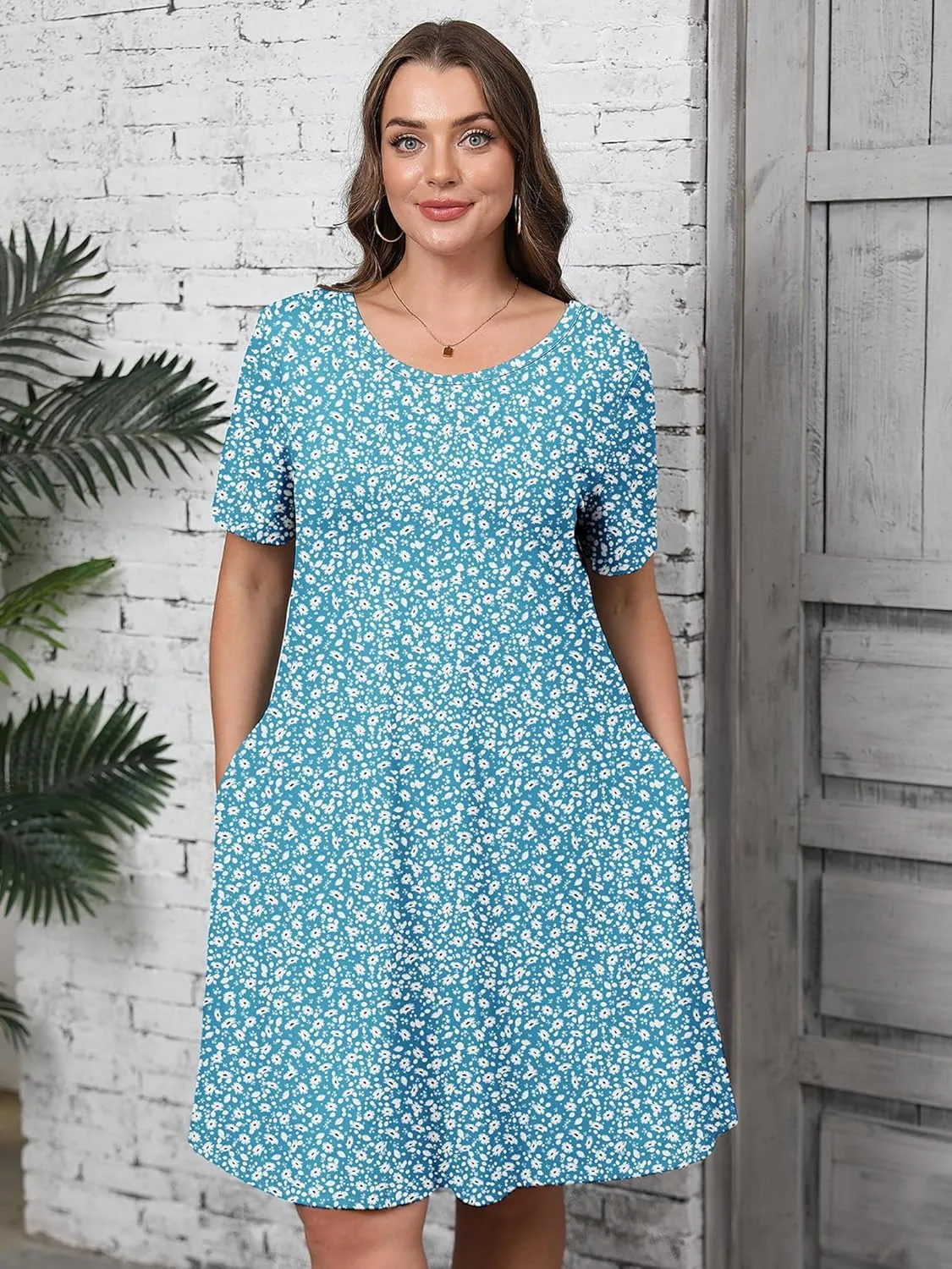 AusLook Plus Size Women's Summer Short Sleeves Crew Neck Midi Dresses Casual Loose Fitting Tank Sundress with Pockets