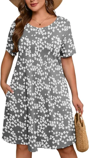 AusLook Plus Size Women's Summer Short Sleeves Crew Neck Midi Dresses Casual Loose Fitting Tank Sundress with Pockets