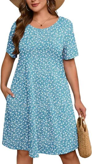 AusLook Plus Size Women's Summer Short Sleeves Crew Neck Midi Dresses Casual Loose Fitting Tank Sundress with Pockets