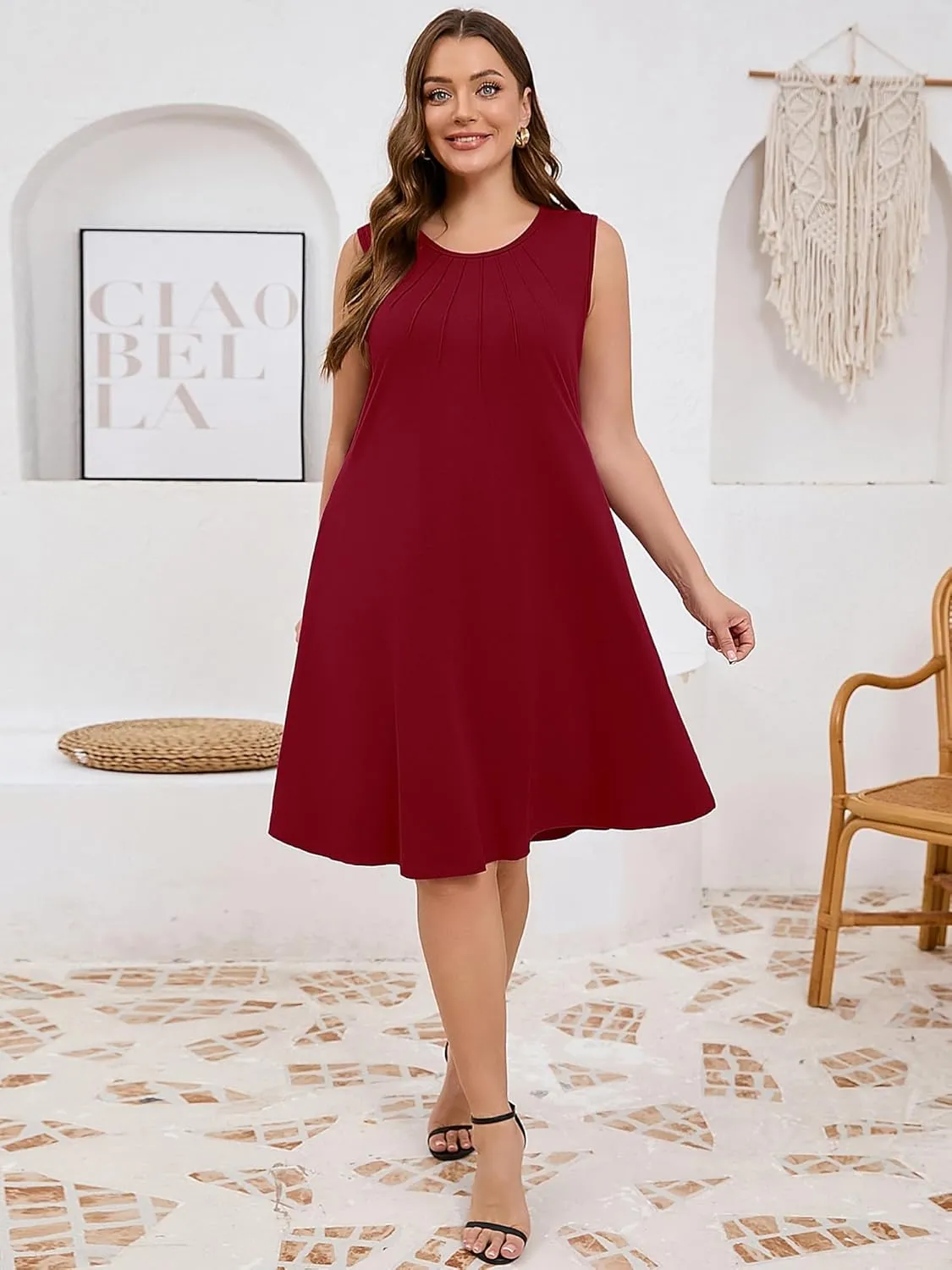 AusLook Plus Size Women's Summer Sleeveless Crew Neck Midi Dresses Casual Loose Fitting Tank Sundress with Pockets