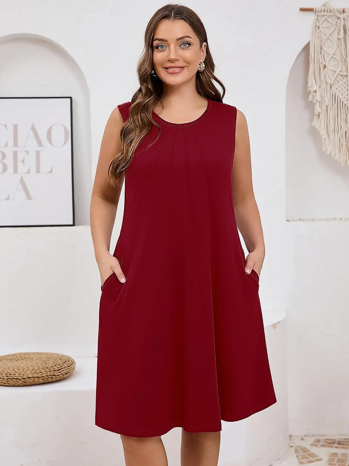 AusLook Plus Size Women's Summer Sleeveless Crew Neck Midi Dresses Casual Loose Fitting Tank Sundress with Pockets