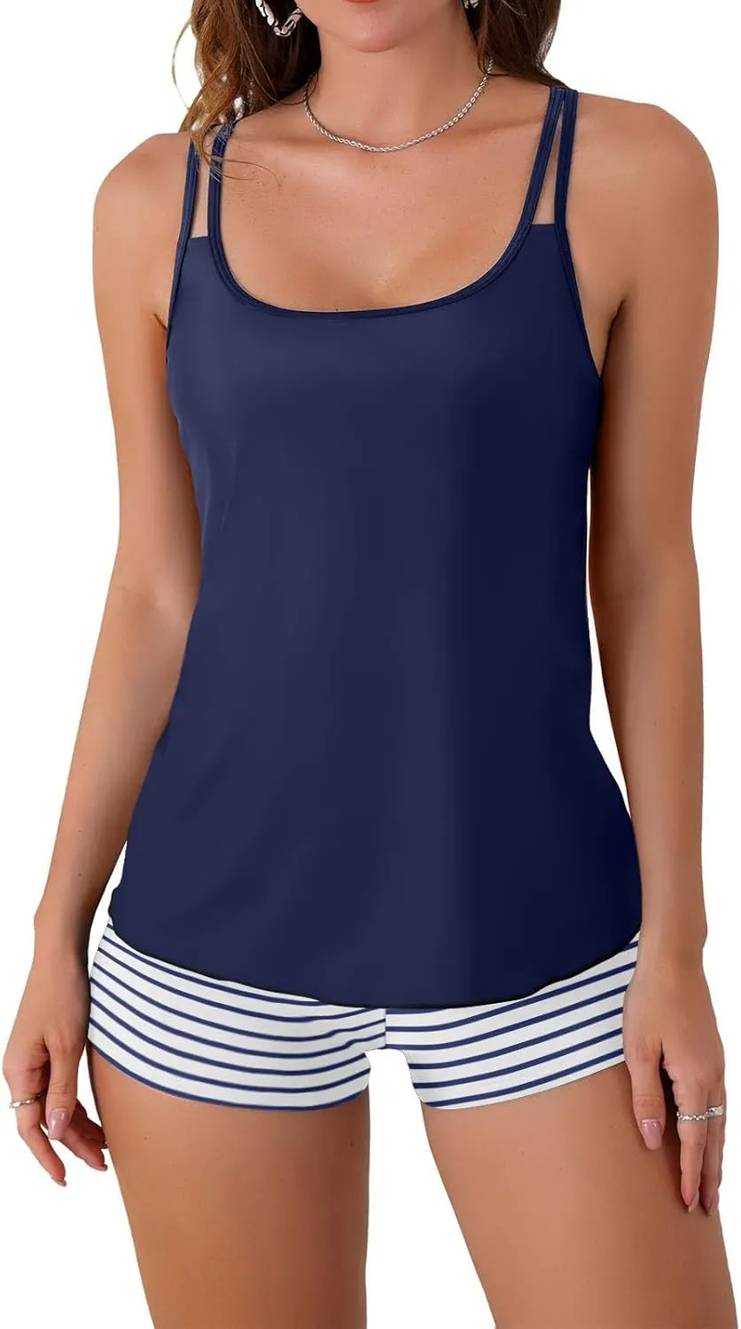 B2prity Tankini Swimsuits for Women Two Piece Bathing Suits Tummy Control Long Torso Tank Tops with Shorts