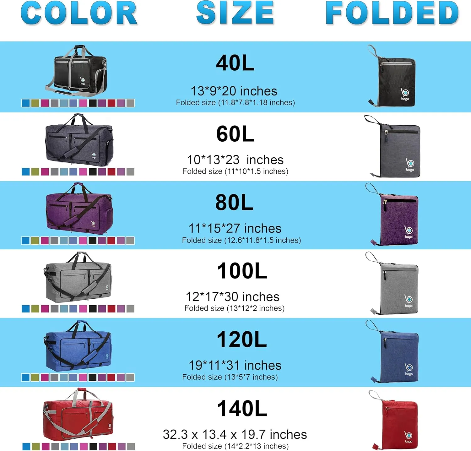 Bago 40L 60L 80L 100L 120L 140L Duffel Bags for Traveling  Durable Lightweight Waterproof Foldable Duffle Bag for Travel with Shoe Compartment, Packable Collapsible Overnight Bag for Men & Women