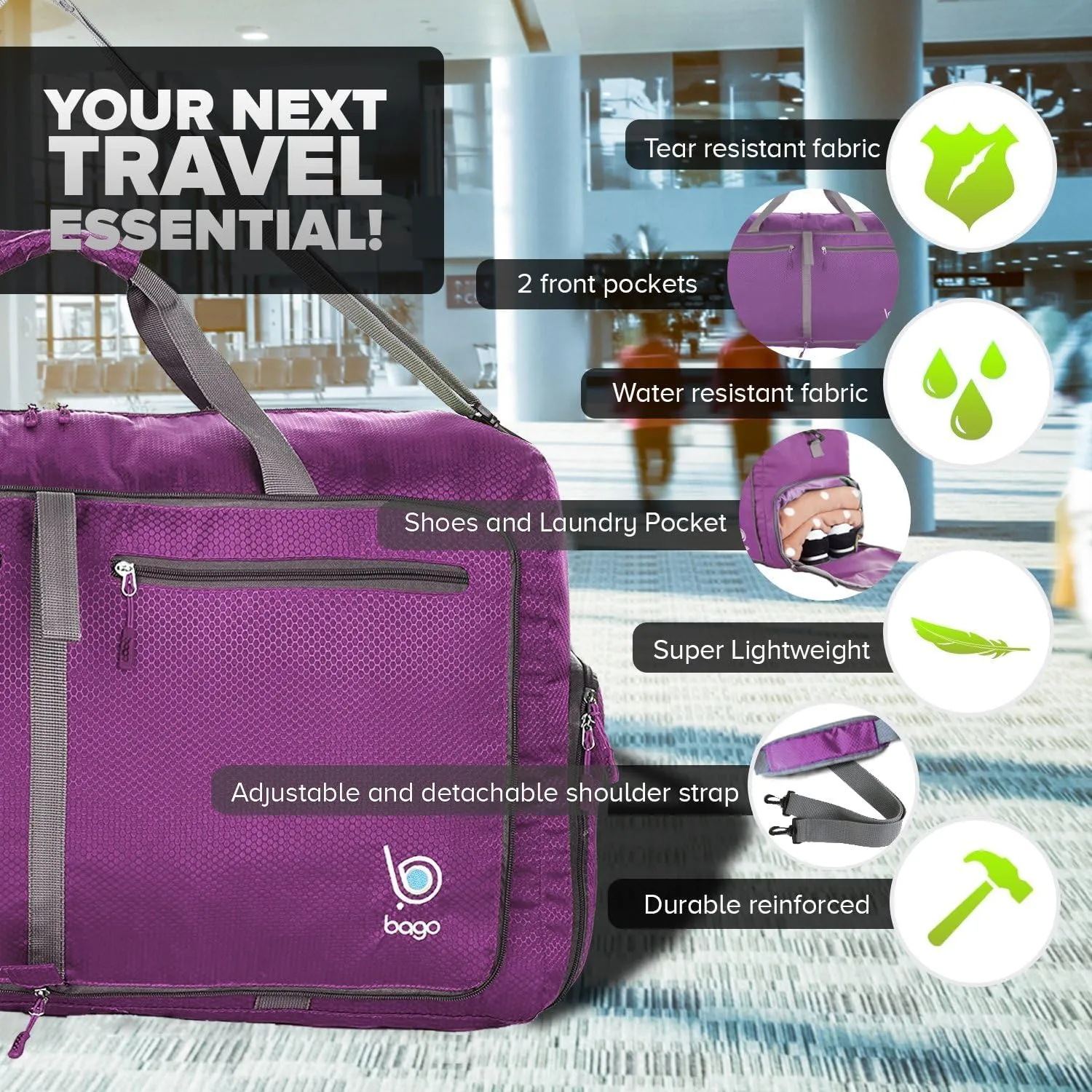 Bago 40L 60L 80L 100L 120L 140L Duffel Bags for Traveling  Durable Lightweight Waterproof Foldable Duffle Bag for Travel with Shoe Compartment, Packable Collapsible Overnight Bag for Men & Women