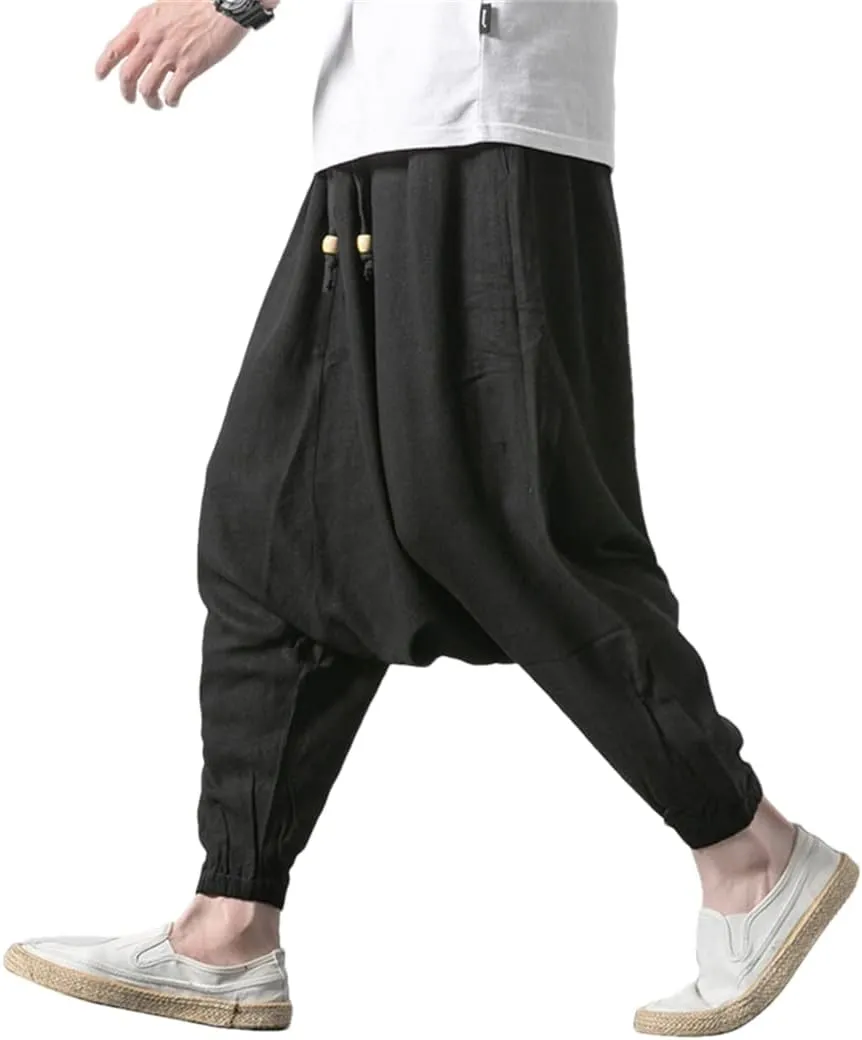 Bciopll Men Drop Crotch Wide Legs Pants Chinese Style Linen Harem Pants Hip Hop Streetwear Loose Pants