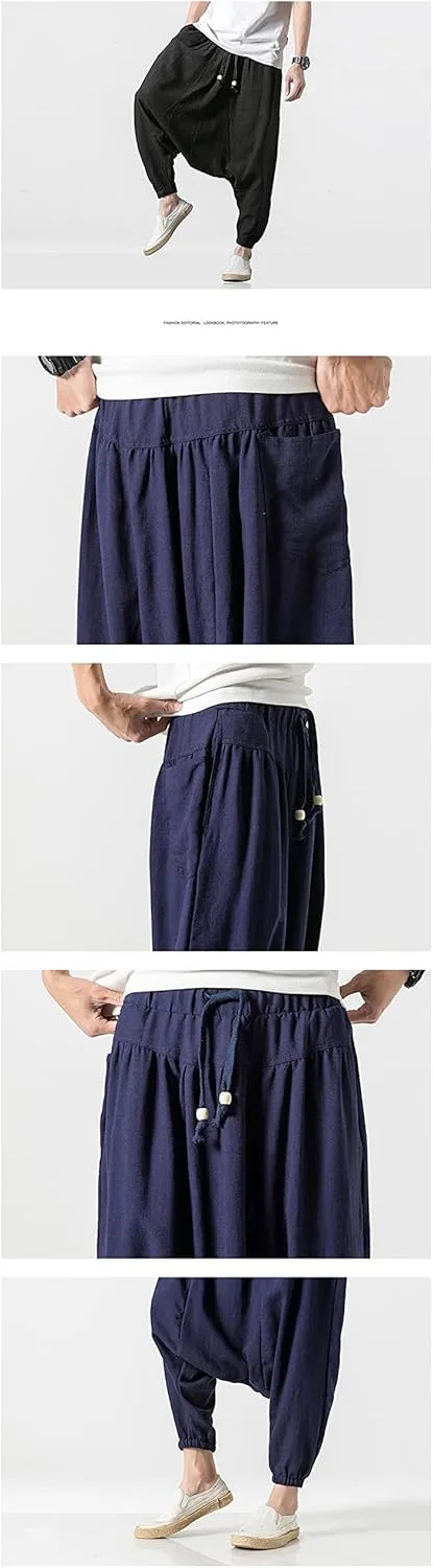 Bciopll Men Drop Crotch Wide Legs Pants Chinese Style Linen Harem Pants Hip Hop Streetwear Loose Pants