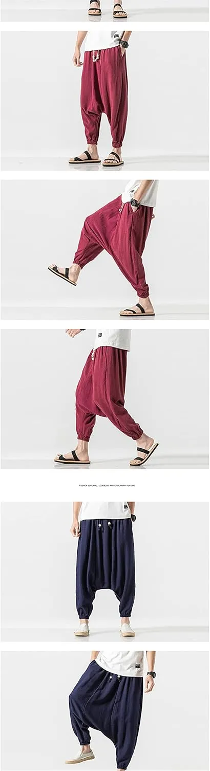 Bciopll Men Drop Crotch Wide Legs Pants Chinese Style Linen Harem Pants Hip Hop Streetwear Loose Pants