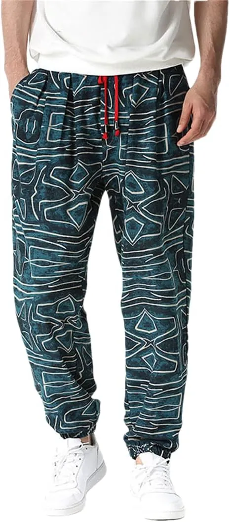 Bciopll Mens Nation Print Cotton Linen Joggers Pants Hip Hop Harem Trousers
