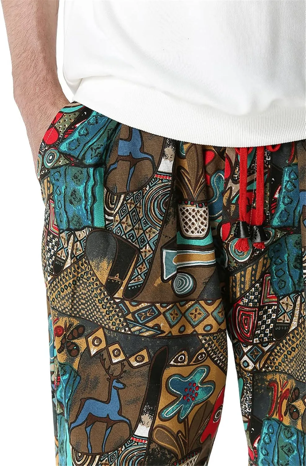 Bciopll Mens Nation Print Cotton Linen Joggers Pants Hip Hop Harem Trousers