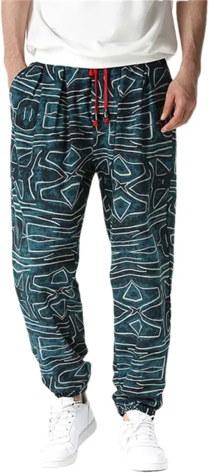 Bciopll Mens Nation Print Cotton Linen Joggers Pants Hip Hop Harem Trousers