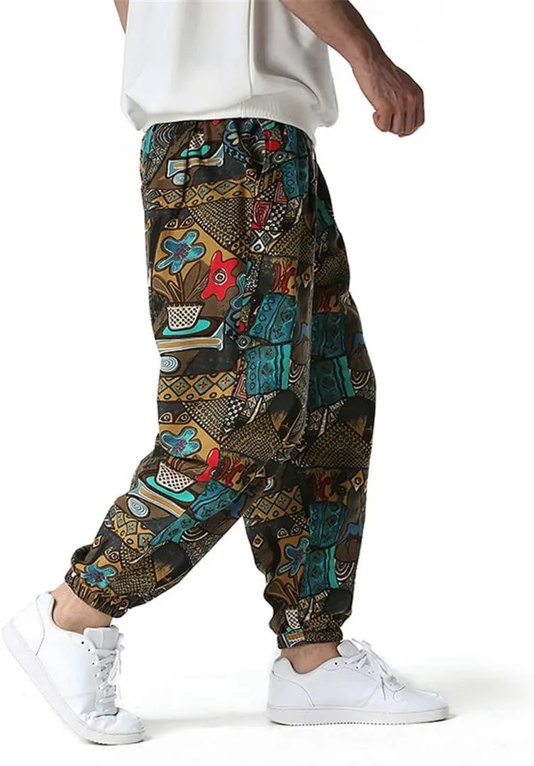 Bciopll Mens Nation Print Cotton Linen Joggers Pants Hip Hop Harem Trousers