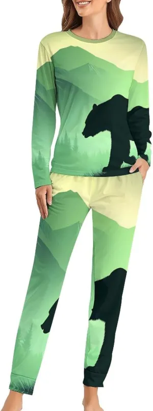 Bear in Misty Mountain Forests Women's Pajama Set Long Sleeve T-shirts Top & Pant Comfort Sleepwear Loungewear