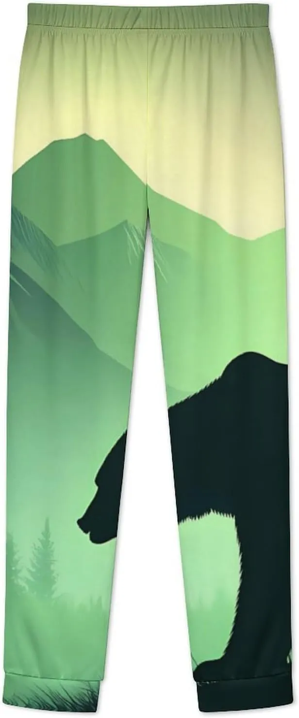 Bear in Misty Mountain Forests Women's Pajama Set Long Sleeve T-shirts Top & Pant Comfort Sleepwear Loungewear