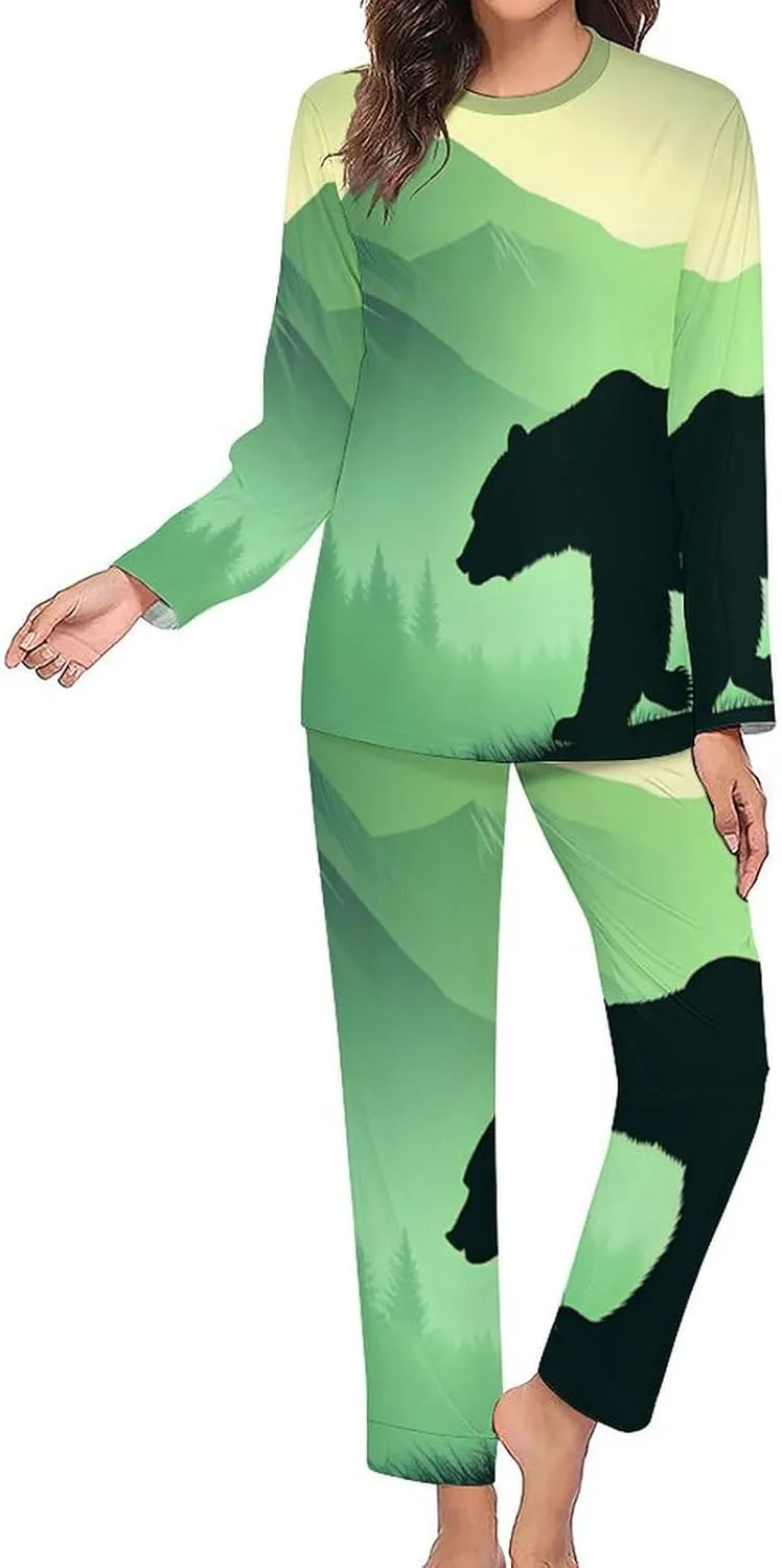 Bear in Misty Mountain Forests Women's Pajama Set Long Sleeve T-shirts Top & Pant Comfort Sleepwear Loungewear