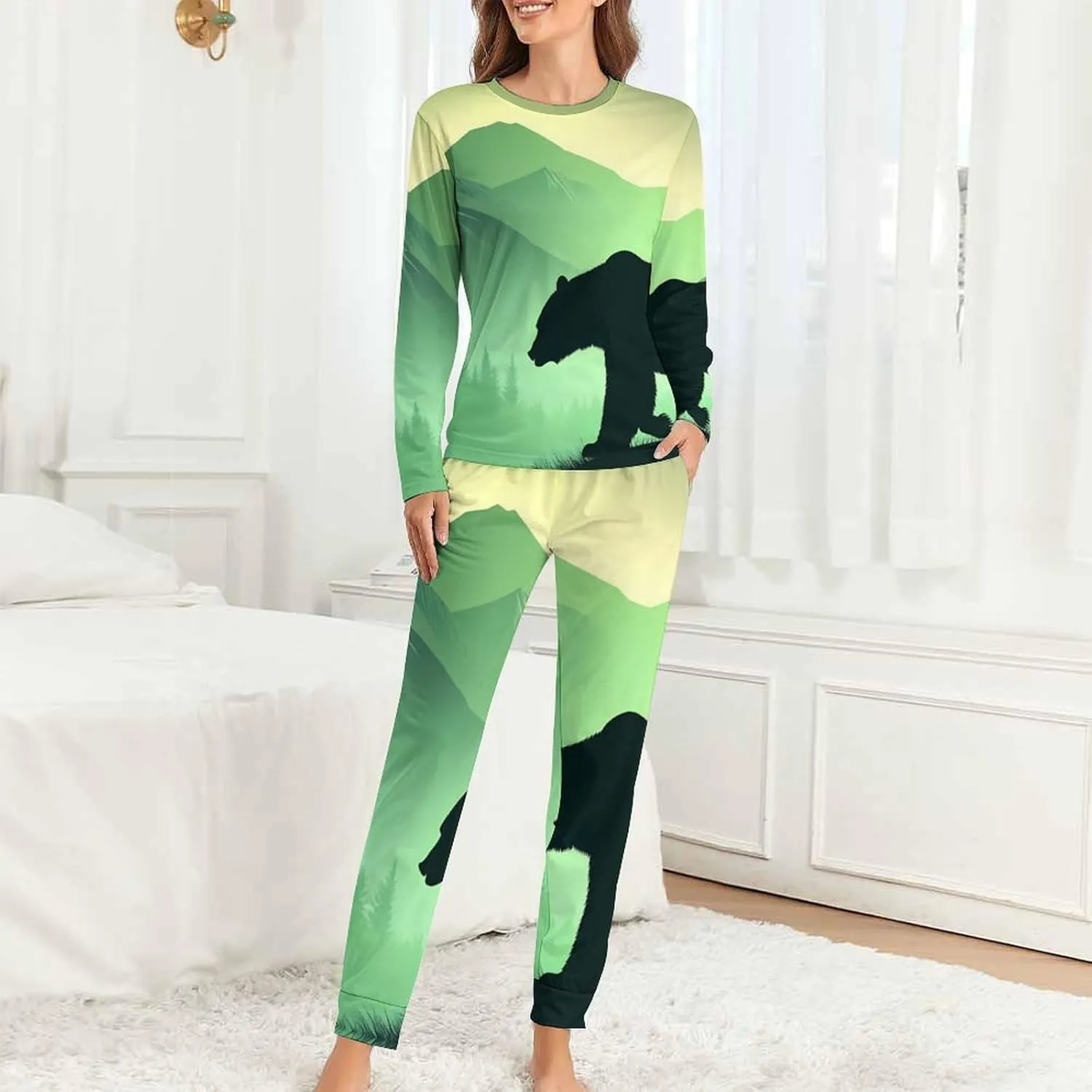 Bear in Misty Mountain Forests Women's Pajama Set Long Sleeve T-shirts Top & Pant Comfort Sleepwear Loungewear