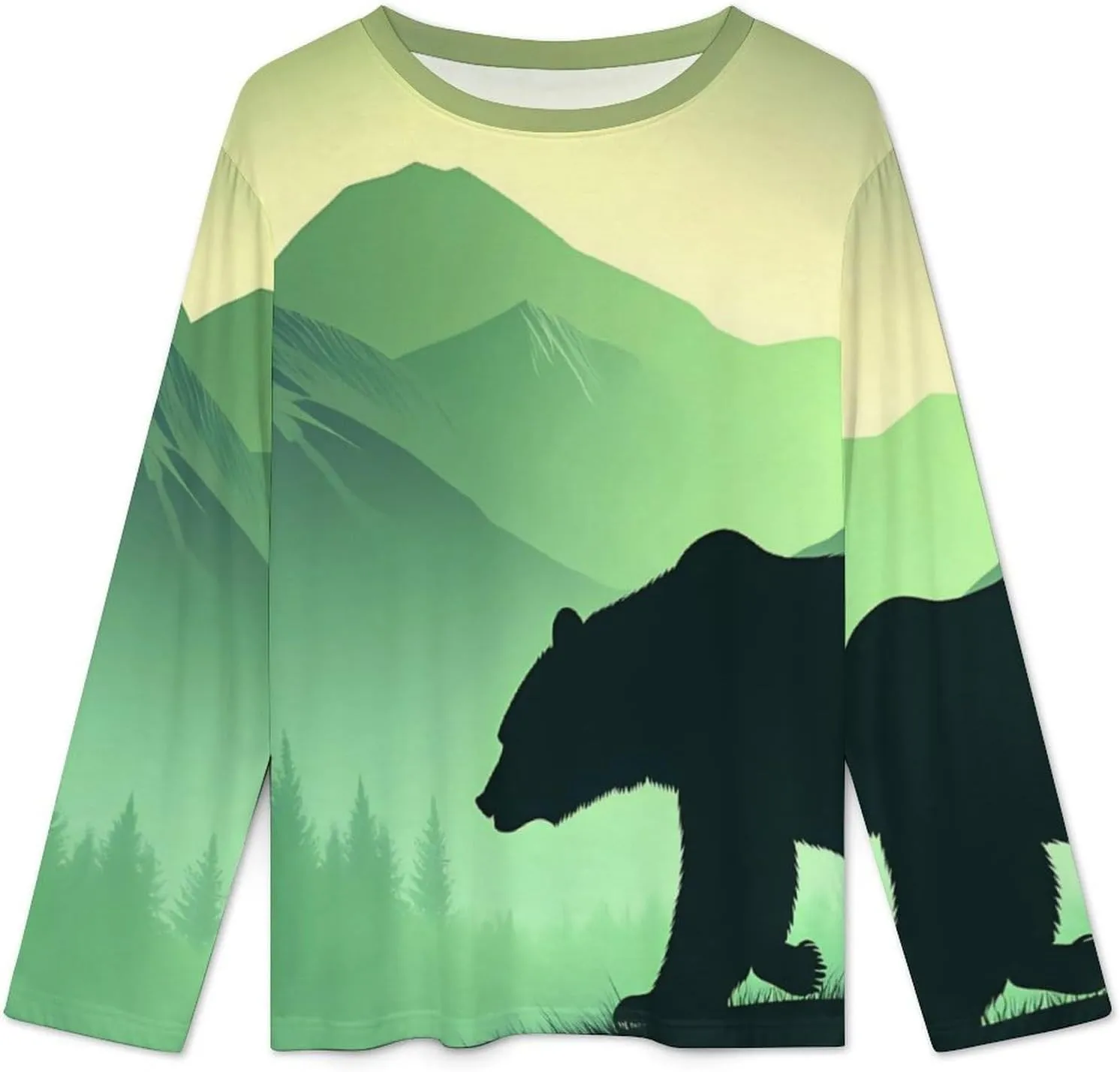 Bear in Misty Mountain Forests Women's Pajama Set Long Sleeve T-shirts Top & Pant Comfort Sleepwear Loungewear