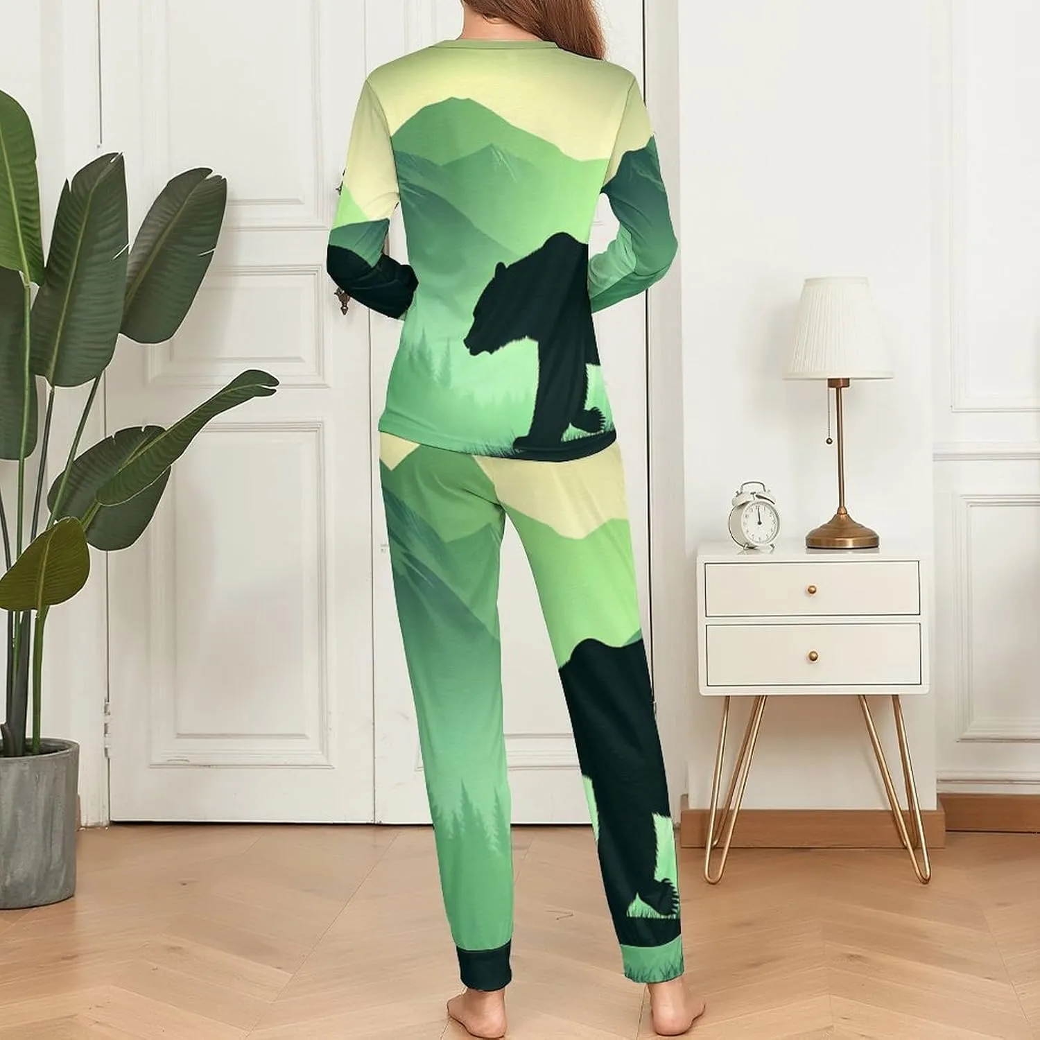 Bear in Misty Mountain Forests Women's Pajama Set Long Sleeve T-shirts Top & Pant Comfort Sleepwear Loungewear