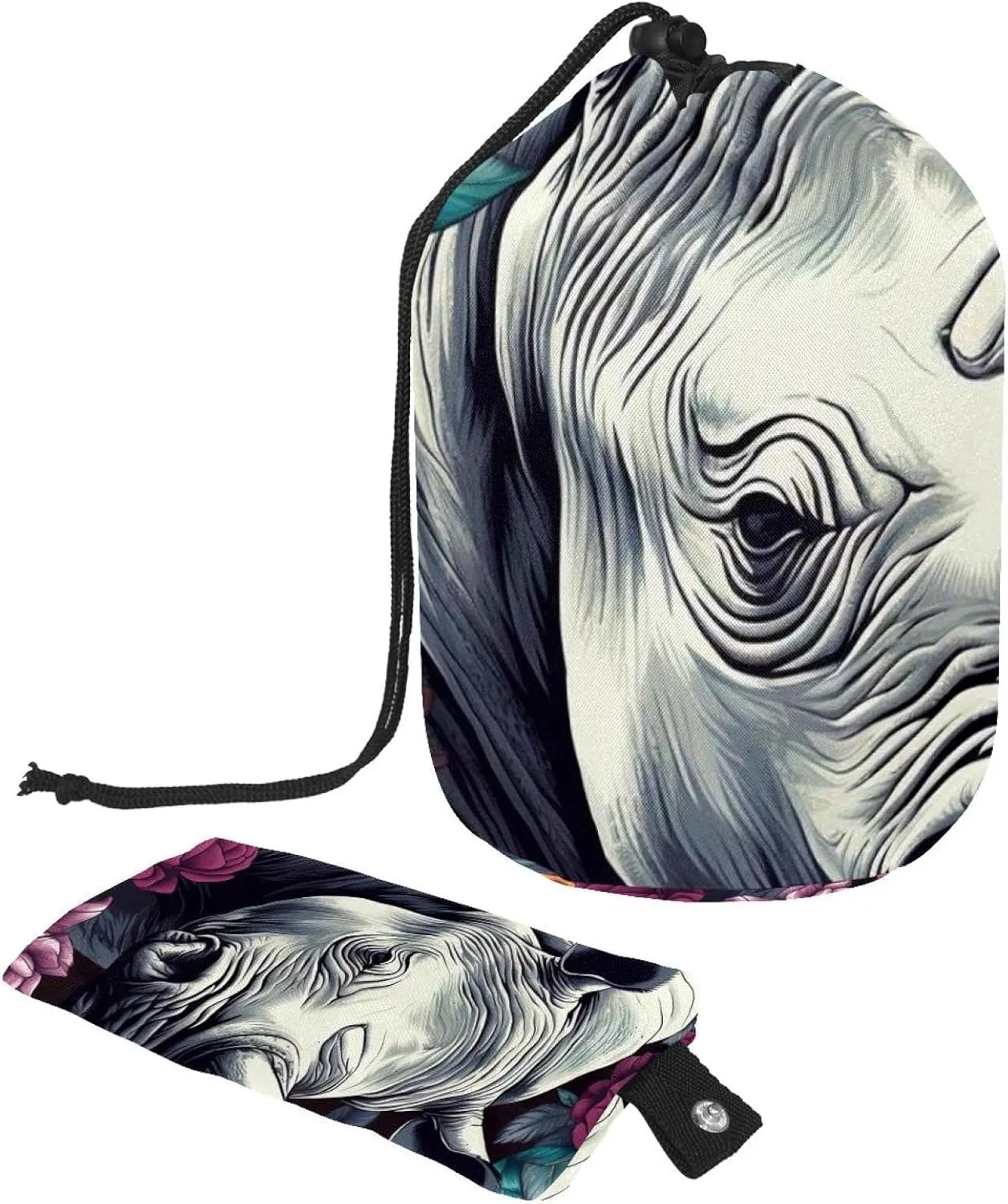 Beautiful Flowers with Rhino 29 Travel Cosmetic Bags Makeup Bag for Women, Foldable Drawstring Travel Cosmetic Bags, Portable Toiletry Bucket Bag