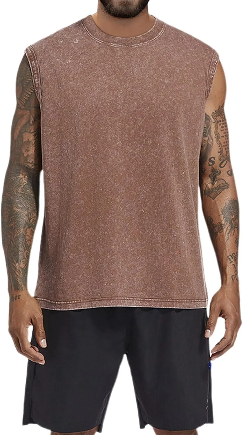 BINTEHGS Muscle Sleeveless Shirts for Men Cotton Summer Plain Gym Workout Tank Tops Crewneck Solid Loose Fit Hippie Tanks