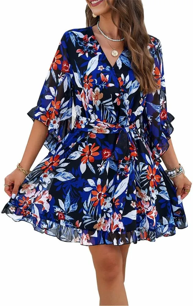 BLAZOR Women's Floral Boho Dress Wrap V Neck Flared Sleeves Belted Ruffle Hem A-Line Flowy Mini Dresses Cute Mini Short Dress for Wedding Guest Partys Blue, Small