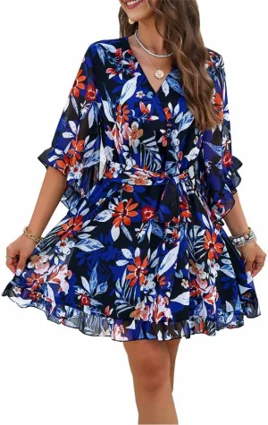 BLAZOR Women's Floral Boho Dress Wrap V Neck Flared Sleeves Belted Ruffle Hem A-Line Flowy Mini Dresses Cute Mini Short Dress for Wedding Guest Partys Blue, Small