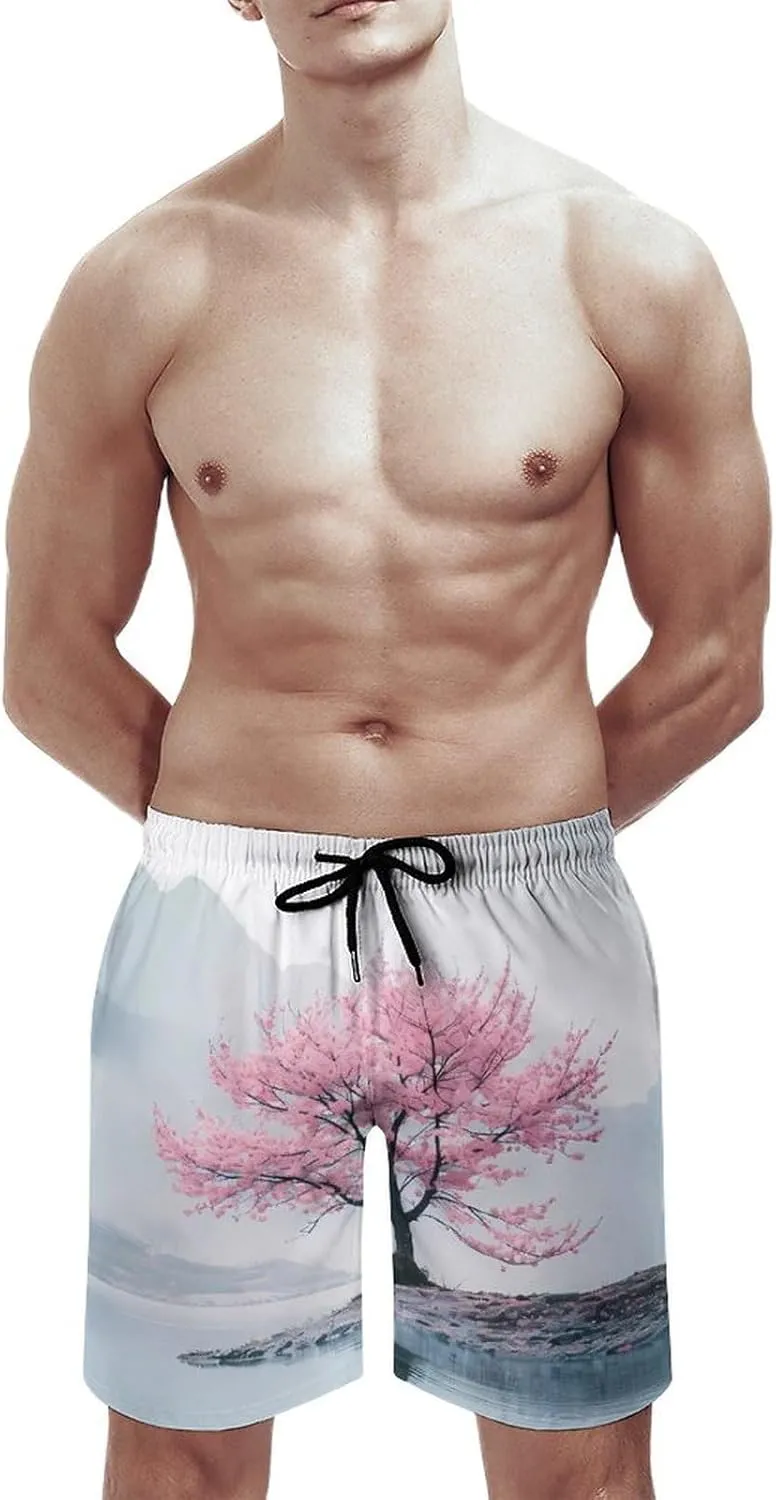 Blossoming Flower Tree Men's Swim Trunks Quick Dry Board Shorts Breathable Summer Beach Shorts Bathing Suits