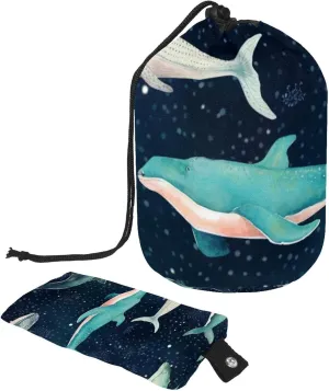 Blue Ocean Whales Travel Cosmetic Bags Makeup Bag for Women, Foldable Drawstring Travel Cosmetic Bags, Portable Toiletry Bucket Bag