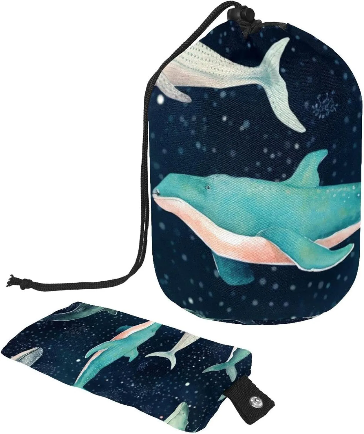 Blue Ocean Whales Travel Cosmetic Bags Makeup Bag for Women, Foldable Drawstring Travel Cosmetic Bags, Portable Toiletry Bucket Bag