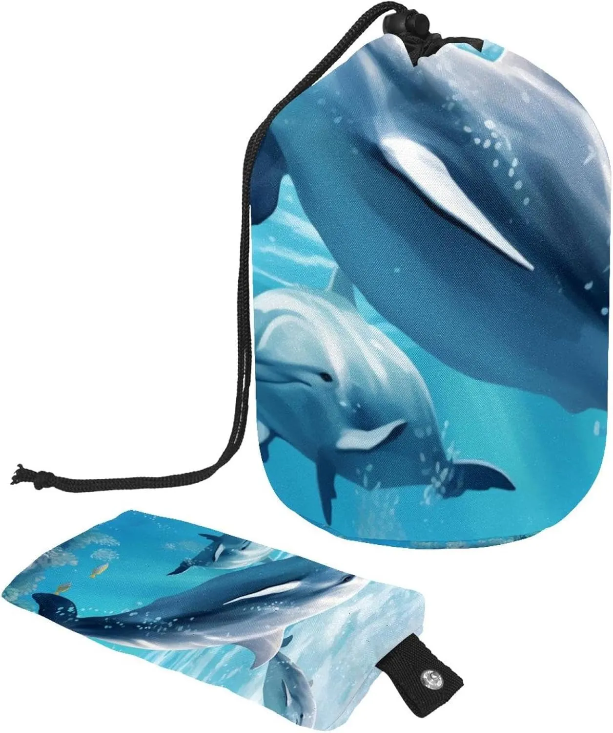 Blue Seaworld Whale Pattern Travel Cosmetic Bags Makeup Bag for Women, Foldable Drawstring Travel Cosmetic Bags, Portable Toiletry Bucket Bag