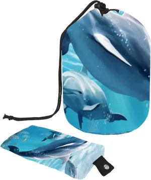 Blue Seaworld Whale Pattern Travel Cosmetic Bags Makeup Bag for Women, Foldable Drawstring Travel Cosmetic Bags, Portable Toiletry Bucket Bag