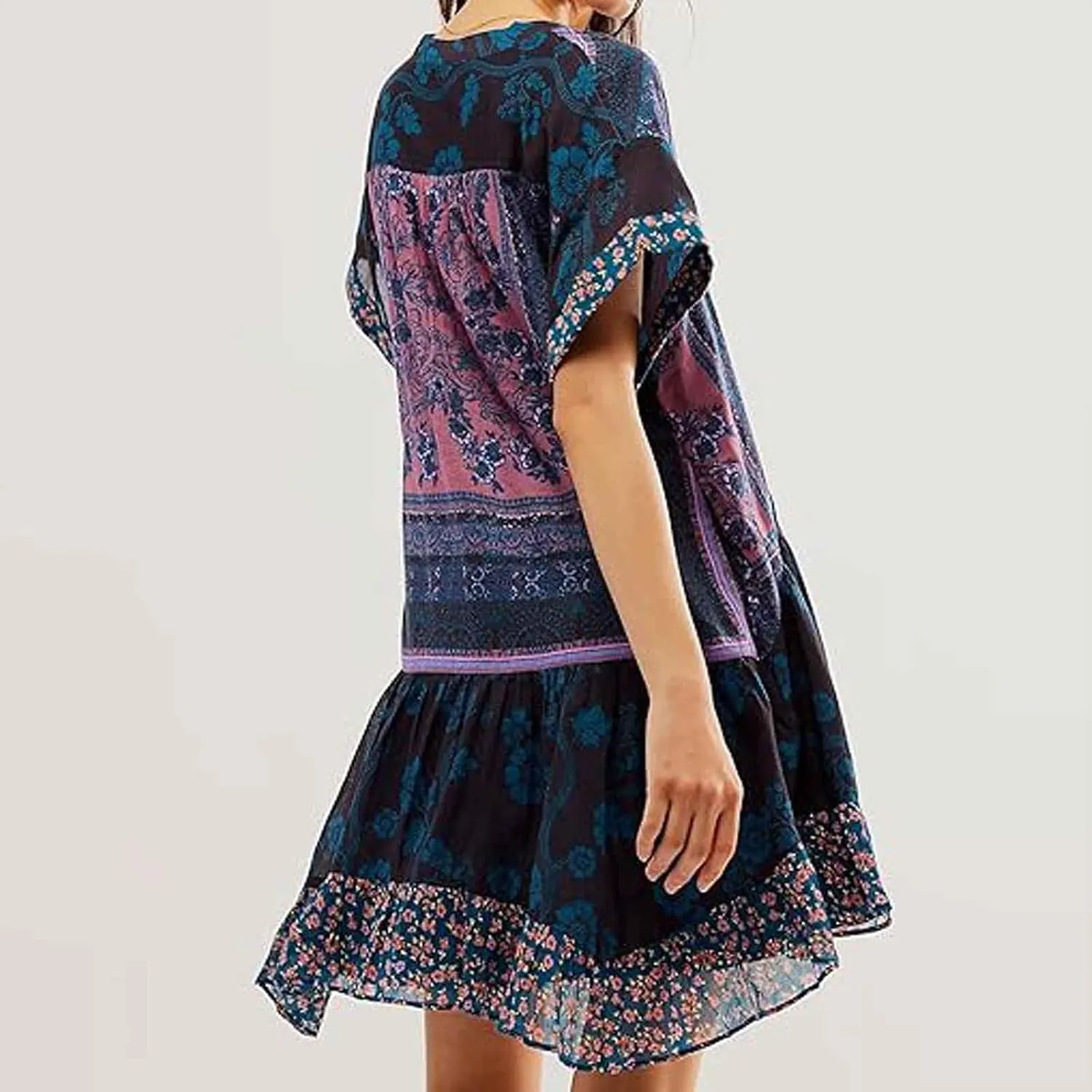 Boho Summer Floral Sundresses for Women 2024 Babydoll Flowy Short Sleeve Beach Mini Dress Deep V-Neck T-Shirt Dresses