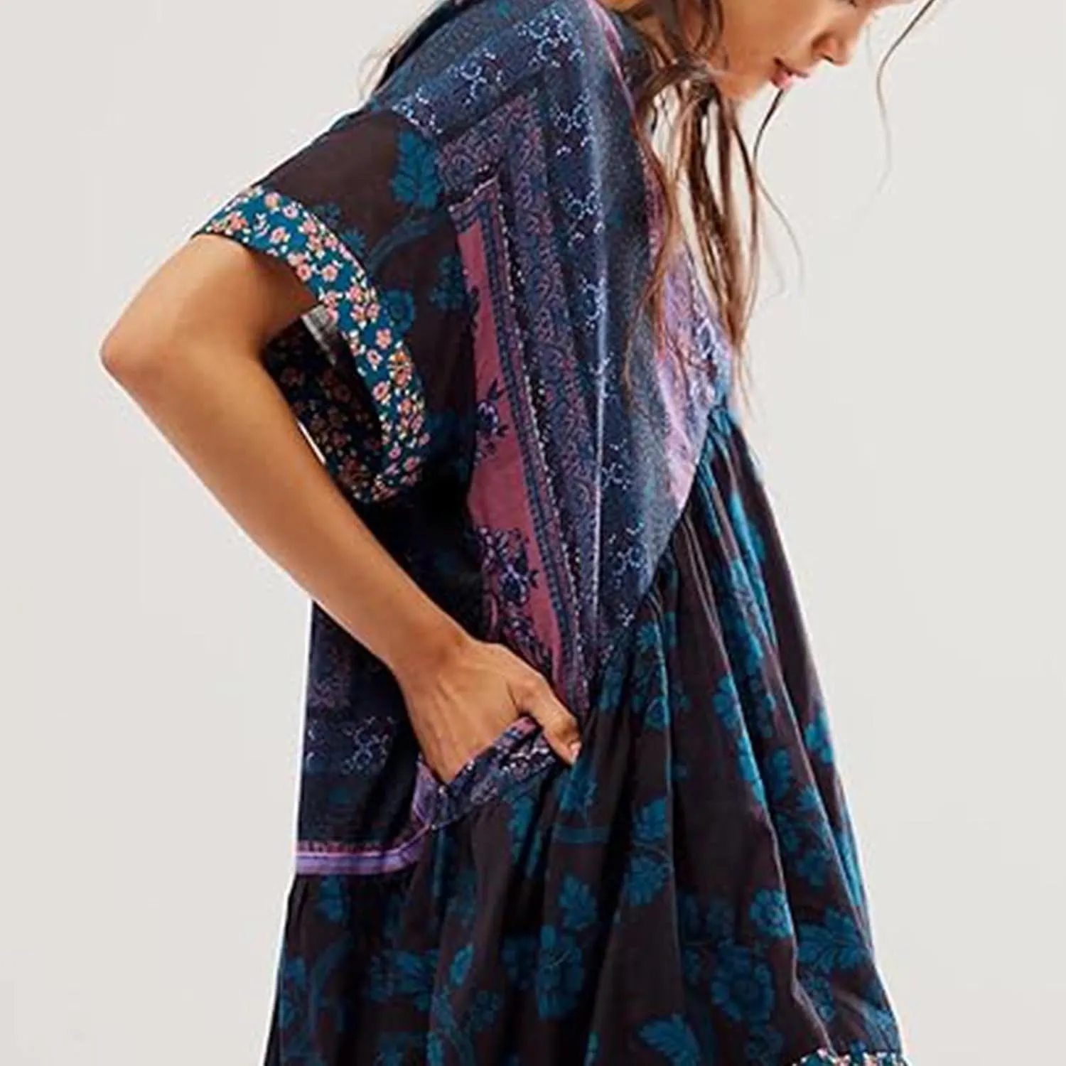Boho Summer Floral Sundresses for Women 2024 Babydoll Flowy Short Sleeve Beach Mini Dress Deep V-Neck T-Shirt Dresses